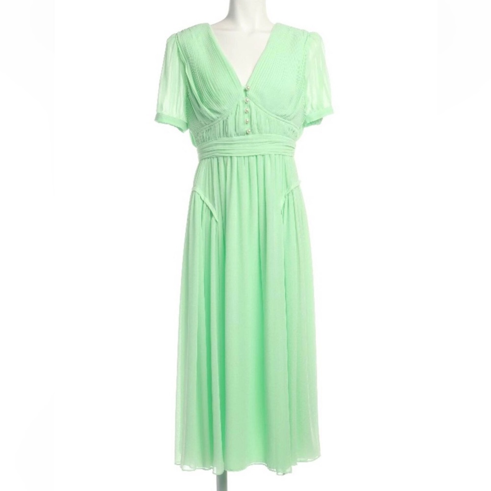 Self-Portrait Spearmint Green Midi Dress with Puff Sleeves and V-Neck